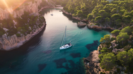 Drone Aerial Photo of a Sailing Yacht in the Transparent Turquoise Waters of an Island