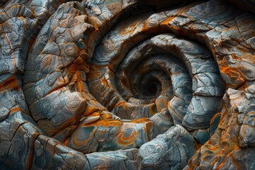 A detailed rock formation spiraling to form a portal-like structure with rich textures and warm, earthy tones