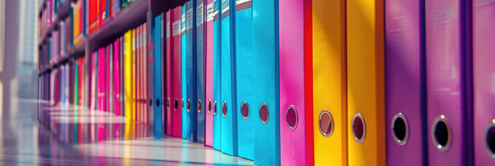 Various binders in bright colors neatly arranged in a row on a wall