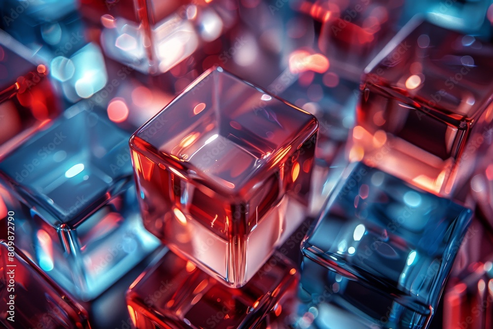 Poster this image depicts a seamless pattern of highly detailed 3d cubic structures in red and blue tones w