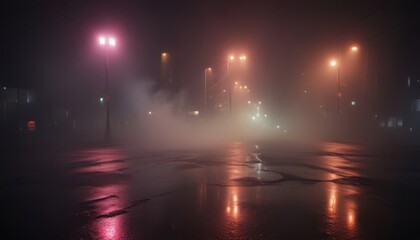 Wet asphalt, reflection of neon lights, a searchlight, smoke. Abstract light in a dark empty street with smoke, smog. Dark background