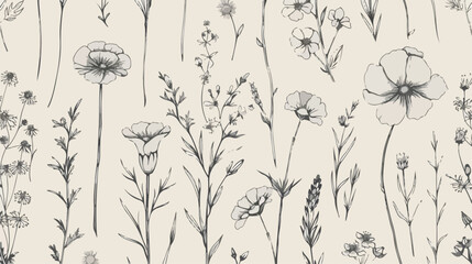 Monochrome seamless pattern with wild blooming meadow
