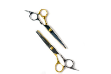 Composition with scissors and other hairdresser's accessories on white background, top view