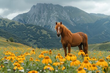 Majestic chestnut horse standing alone amid a vibrant field of yellow wildflowers against a backdrop of green hills
