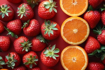 A vibrant array of fresh strawberries and oranges artistically arranged on a red background, emphasizing color contrast and freshness