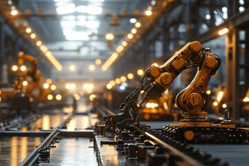 The industrial robot works automatically in the smart autonomous factory, illustration Industrial robot works, AI generated