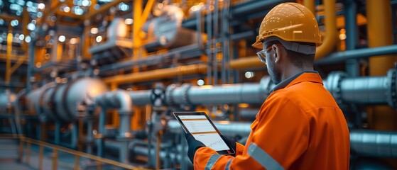 Professional engineer holds a tablet with logistics data, oil rig pipes and pressure gauges behind