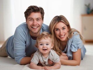 Obraz premium Happy Smiling parents with little cute baby son lie down on bed