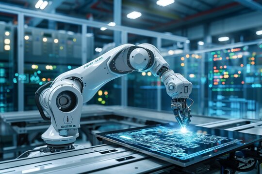 The industrial robot works automatically in the smart autonomous factory, illustration Industrial robot works, AI generated