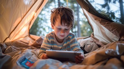 Photograph of a little boy and girl watching cartoons together on a digital tablet in a tent.