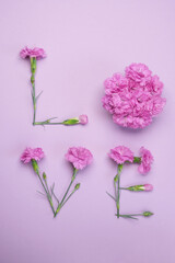 Word LOVE made of beautiful pink flowers on a light purple background. Top view. Flat lay.