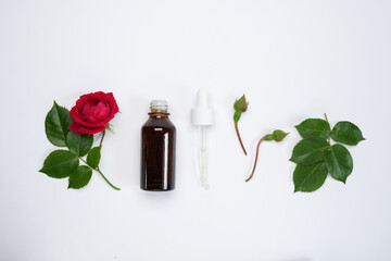 Glass bottle with dropper  of a red rose flowers on a white background. Knolling style composition. Blank label for branding. Top view. Flat lay.