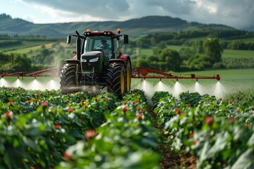 This vibrant image showcases a tractor in action, spraying lush plants amidst the rolling hills under a cloudy sky