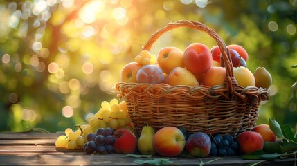 A diverse assortment of fresh fruits spilling out of a rustic basket onto a wooden table, creating a vibrant and colorful display