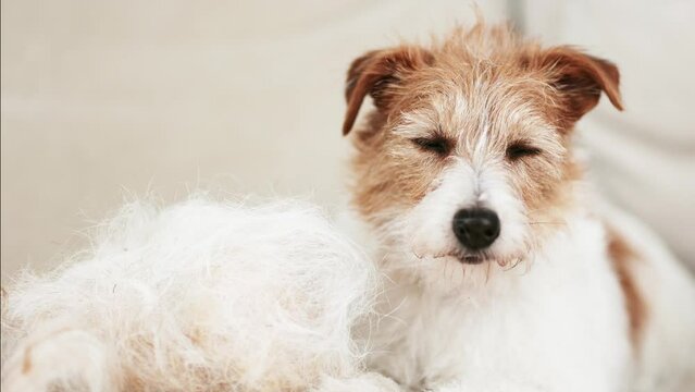 Cute shadding dog with her hair on the coach. Cleaning per fur.