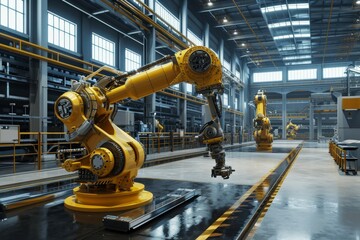 The industrial robot works automatically in the smart autonomous factory, illustration Industrial robot works, AI-generated