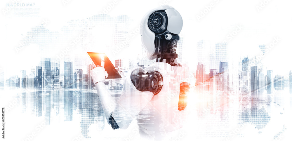 Poster mlp 3d illustration robot humanoid using tablet computer in future office while using ai thinking br
