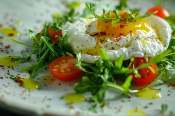 Salad with poached egg, sweet bell pepper, lettuce and cherry tomatoes. Restaurant starter menu