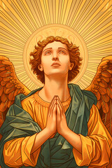 illustration of an angel with wings and divine light, praying, faith and belief