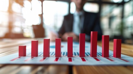Financial Analysis: Businessman Studying Vertical Bar Chart on Wooden Table