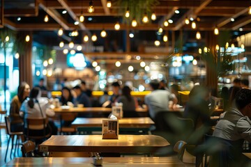 blurred restaurant interior with diners and staff busy food service industry background