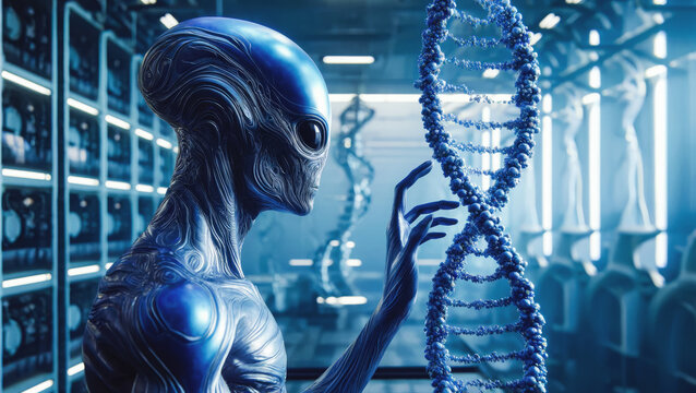 Sleek blue alien explores a DNA strand in a futuristic lab, AI-generated.