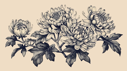 Japanese chrysanthemum Four. Four with hand drawn bud