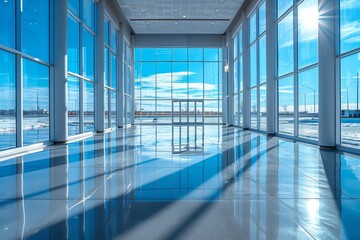 Fototapeta premium A stunning view of a modern office lobby, featuring a reflective blue floor and expansive glass windows