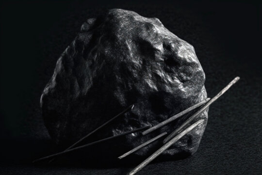 Lodestone is a rare precious natural stone on a black background. AI generated. Header banner mockup with space.