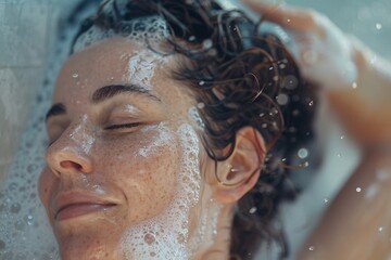Portrait of a woman shampooing her hair in the shower, her expression calm and content