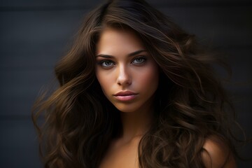 Naklejka premium Close-up of a beautiful young woman with wavy hair and striking eyes