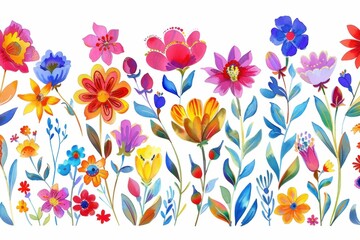 Row of Colorful Flowers on White Background with Blue, Red, and Yellow Flowers in the Mix