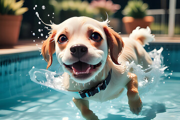 A cute dog swimming in a swimming pool