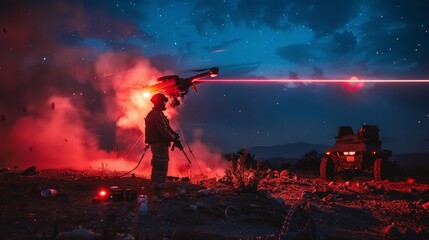 drones with a laser beam, war photography, concept: High-energy laser weapons, 16:9