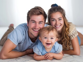 Smiling parents with little cute baby son lie down on bed looking towards camera