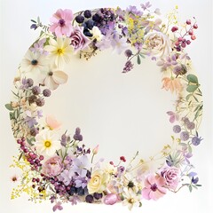 Delicate wreath with yellow and lilac flowers, herbs and leaves for wedding and birthday invitations, greeting cards and business cards.	
