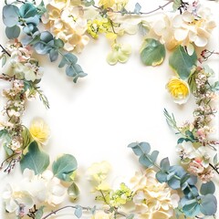 Delicate wreath with yellow flowers, herbs and eucalyptus leaves for wedding invitations, greeting cards and business cards.