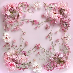 Obraz premium Delicate square wreath with pink flowering branches for wedding and birthday invitations, greeting cards and business cards.