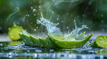 water splashing onto aloe vera, in the style of cleared background, Fresh, clean fruit juice with a aloe vera flavor, a flavored fruit drinks, fresh fruit products from organic gardens.