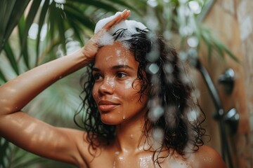 A woman standing in the shower, massaging shampoo into her hair with a serene expression