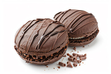 Obraz premium two chocolate macarons with chocolate chips on a white surface