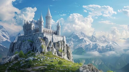 castle at the hill of a scenic landscape. majestic castle perched. fantasy landscape with ancient castle realistic