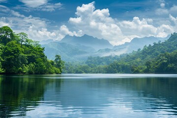 A serene image of a tranquil lake surrounded by lush green trees and mountains in the distance - Powered by Adobe