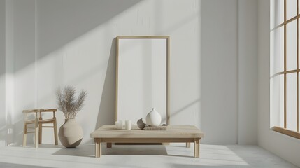 A blank product area on a coffee table in a minimalist living room with a Scandinavian design.