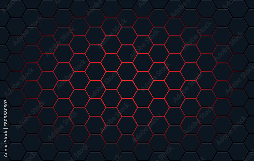 Wall mural dark hexagon pattern on red neon background. modern geometric shapes technology style.