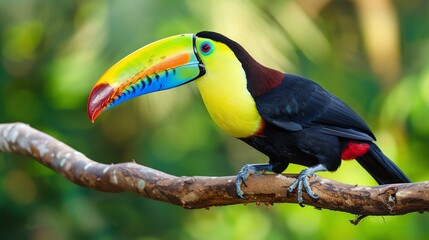 Fototapeta premium A brightly colored toucan sits on a branch in the rainforest.