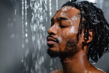 A man with eyes closed, enjoying the sensation of shampoo in his hair as he stands under the shower