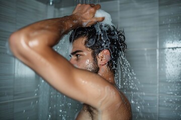 A man standing in the shower, his head tilted back under the flow of water, applying shampoo to his hair
