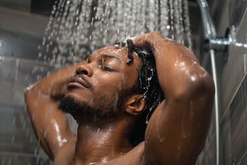 A man with eyes closed, enjoying the sensation of shampoo in his hair as he stands under the shower