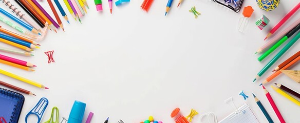 Colorful school supplies arranged on a bright white background, perfect for educational themes